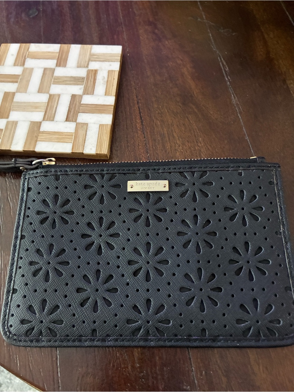 kate spade Black Laser-Cut Floral Wristlet Clutch
